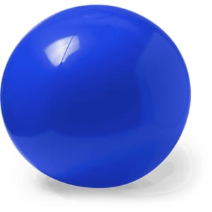 A bright blue beach ball with a smooth, glossy surface and a round shape. It features a logo on one side.