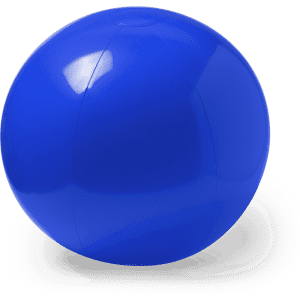 A solid blue beach ball featuring a smooth, shiny surface and a visible seam. It has a logo on the side.