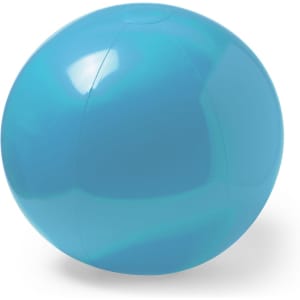 A bright blue beach ball with a glossy finish, featuring a smooth surface and a rounded shape.