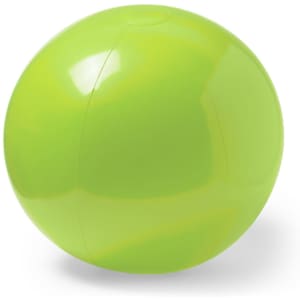 A bright green beach ball with a glossy finish, featuring a smooth surface and a rounded shape.