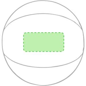 A round beach ball with a green rectangular area, featuring a logo, in white and grey colours.