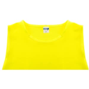 A bright yellow sports vest featuring a round neckline and a logo on the label.