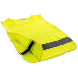 A bright yellow sports bib with reflective black stripes and a sleeveless design, featuring a logo.