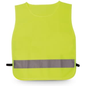 A bright yellow sports bib featuring a grey reflective stripe and side ties for adjustment.