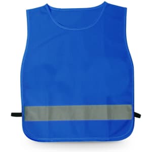 A blue sports bib featuring a reflective strip at the bottom and adjustable sides. It includes branding.