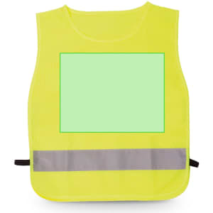 A bright yellow sports bib with a reflective strip and a blank green area for custom branding.