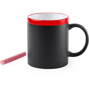 A black mug with a red rim and a piece of pink chalk beside it. The mug also features a logo.