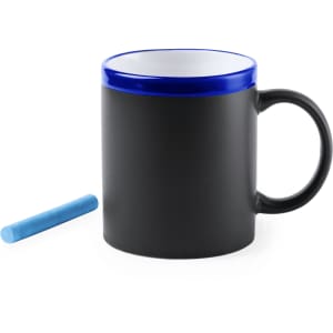 A black mug with a blue rim and a blue piece of chalk beside it, featuring a logo.