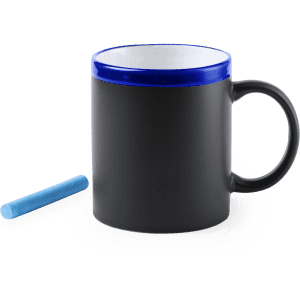 A coffee mug with a matte black exterior and a glossy blue rim, accompanied by a piece of blue chalk.