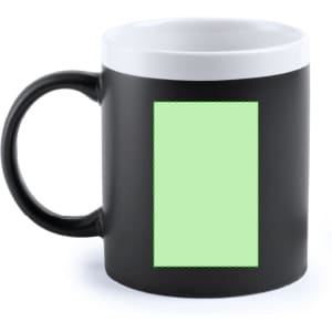A coffee mug featuring a black exterior, white interior, and a blank green space for custom designs.
