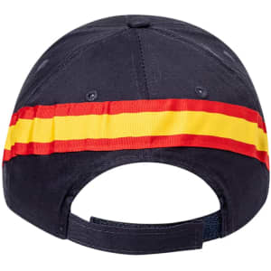 A navy cap featuring a bold red and yellow striped band and an adjustable back strap. It includes a logo.