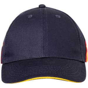 A navy blue cap with red and yellow accents, featuring a branding logo on the front.