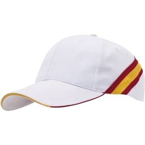 A white cap featuring red and yellow stripes, with a curved brim and a logo on the front.