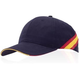 A navy cap featuring red and yellow stripes along the sides and a curved brim. It includes a branding logo.
