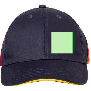 A navy cap featuring red and yellow detailing, with an empty green square on the front and a logo.