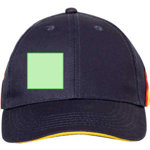 A navy cap with red and yellow accents features a blank area for custom branding.