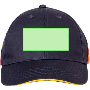 A navy cap with red and yellow accents and a blank area for branding. It features a curved brim and ventilation holes.