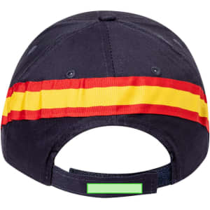 A navy cap featuring a red and yellow striped band at the back and an adjustable strap. Includes a logo.