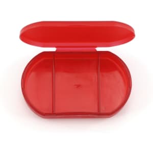 A red pillbox with three compartments and a hinged lid, featuring a smooth plastic finish and a minimalist design.