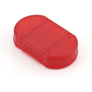 A red pillbox with a rounded design, featuring separated compartments inside and a logo on the exterior.
