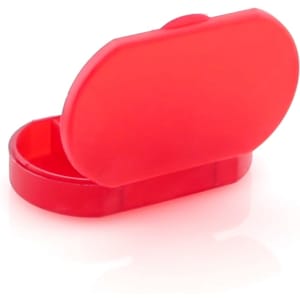 A red pillbox with an oval shape, featuring a hinged lid and an interior compartment. It has a logo on the exterior.