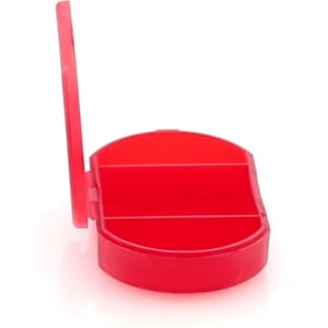 A red pillbox with a divided interior and a hinged lid, designed for organising medication.
