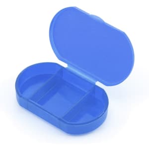 A blue Trizone pillbox featuring three compartments and a hinged lid. It has a simple, smooth design.
