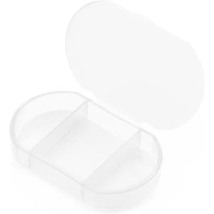 A clear, oval pillbox with two compartments and a hinged lid, designed for storing medication.