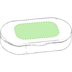 A white pillbox with a green centre, featuring a simple oval design and a hinged lid.