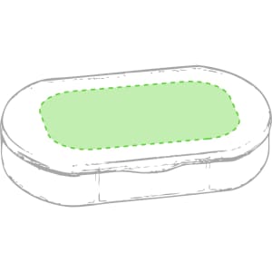 A white pillbox with a green section on top, featuring a rounded, portable design. It has a branding logo.