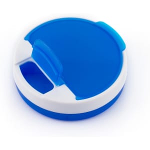 A blue and white pillbox with a divided compartment and a small lid for easy access. It features a logo.