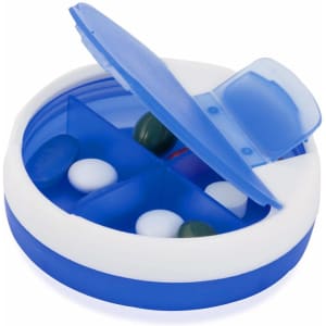 A blue and white pillbox with a transparent lid, featuring compartments for storing pills.