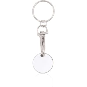 A metallic keyring featuring a silver clip and a circular blank tag for customisation.