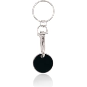 A silver keyring featuring a round black coin attached with a clip. Simple and sleek design.