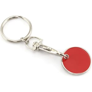 A red keyring coin attached to a silver keyring with a clasp for easy attachment.
