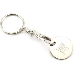 A silver keyring featuring a clip and a round coin with a shopping cart design. It has a polished finish.