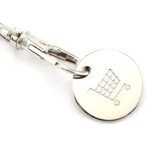 A silver keyring featuring a circular coin with a shopping cart design, attached to a metal clip.
