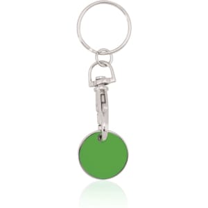 A green keyring coin with a metal clip and circular design, attached to a silver keyring.