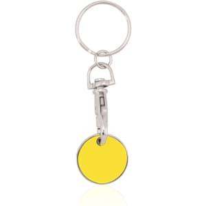 A keyring with a silver metal ring and a bright yellow circular coin attached.