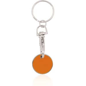 An orange keyring coin attached to a silver metal keyring with a clip.