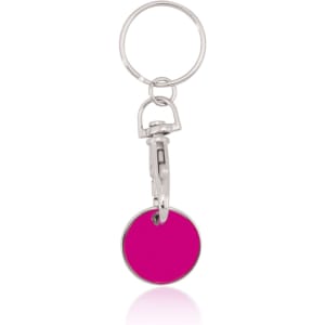 A pink circular keyring coin is attached to a metal keyring and clip, featuring a shiny finish.