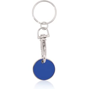 A blue keyring coin with a shiny finish, attached to a metal keyring and clasp.