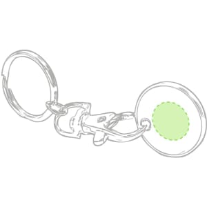 A keyring coin in silver and green, featuring a clasp and a round coin attachment.