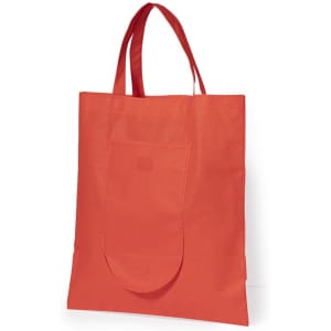 An orange foldable bag with two sturdy handles and a front pocket. It features a logo.