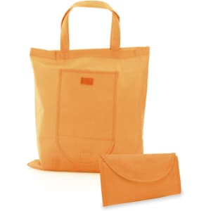An orange foldable bag with two handles and a smaller matching pouch for storage. Includes a logo.