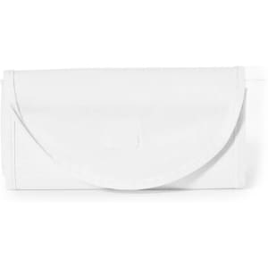 A white foldable bag with a rounded flap and a logo, designed for convenient storage.