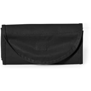 A black foldable bag with a flap closure and a simple design. It features a branding logo on its surface.