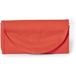 A foldable bag in bright red, featuring a rounded flap and a logo. It is compact and easily portable.