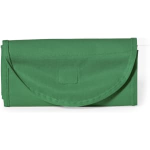 A green foldable bag with a rounded flap and a button closure, featuring a logo.