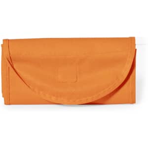 An orange foldable bag with a rounded flap and a secure closure. It features a branding logo.
